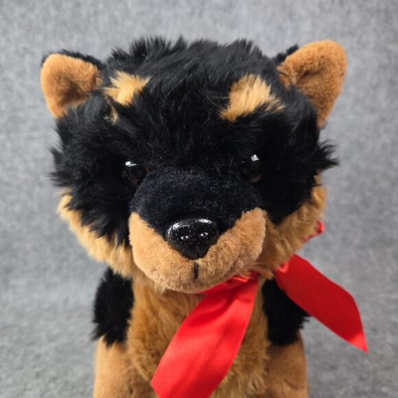 HugFun Rottweiler Dog Plush 14 Inch Brown Black Puppy Red Bow Stuffed Animal Toy - Picture 10 of 10